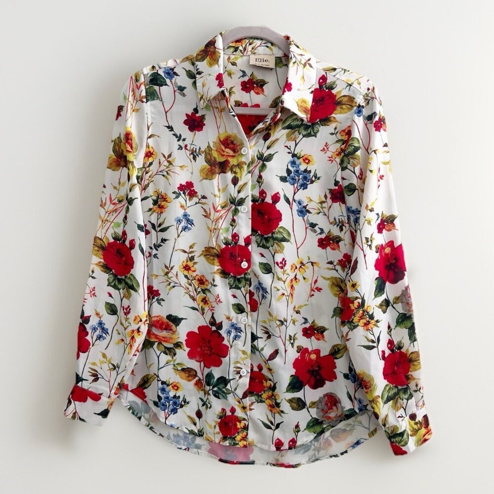 NEW Elie Tahari Floral Silky Blouse top Small S Button Down Luxury Office Top